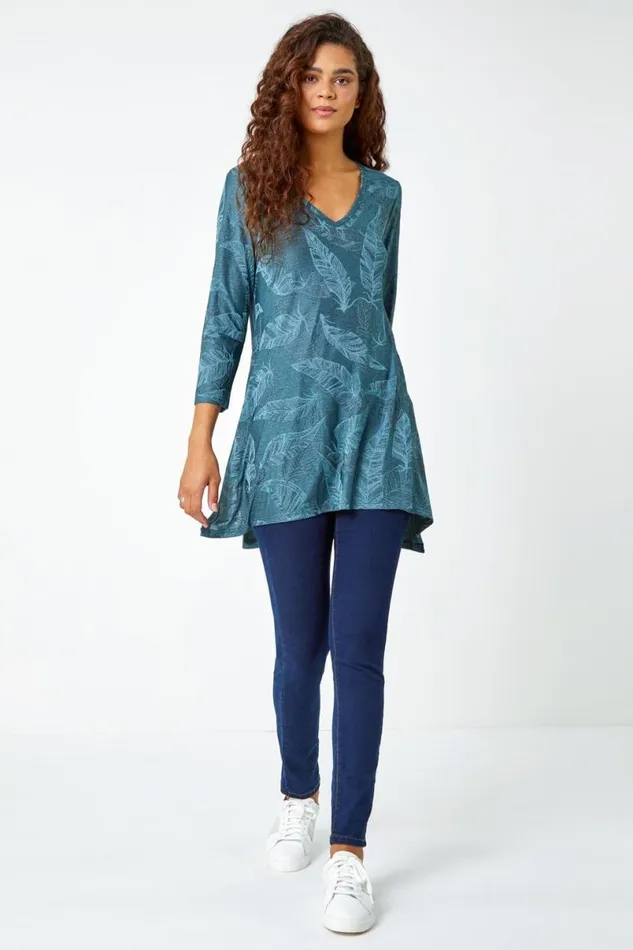 Petrol Blue Textured Leaf Print Stretch Top Women Roman Tops