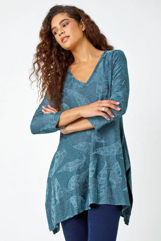 Petrol Blue Textured Leaf Print Stretch Top Women Roman Tops