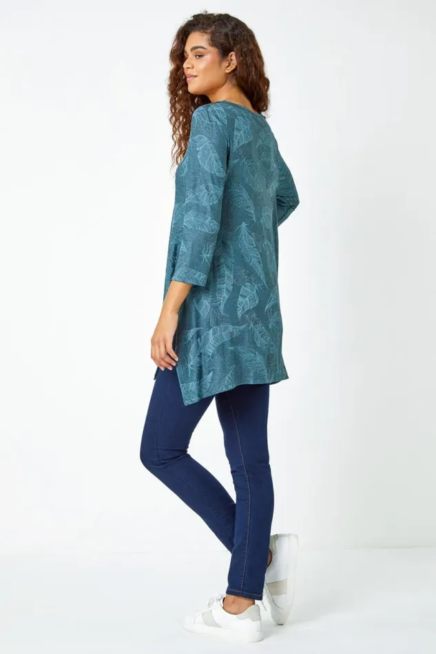 Petrol Blue Textured Leaf Print Stretch Top Women Roman Tops