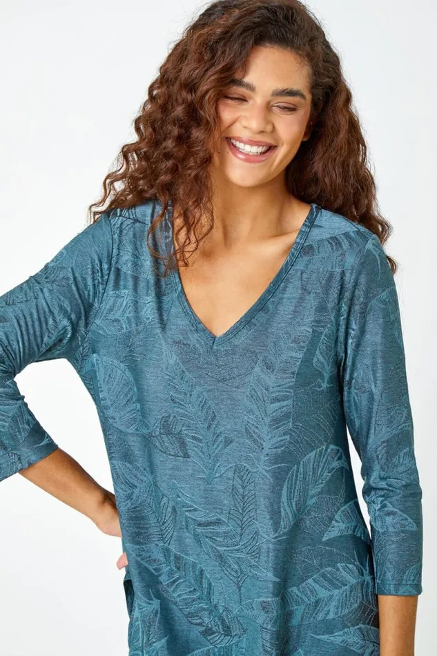 Petrol Blue Textured Leaf Print Stretch Top Women Roman Tops