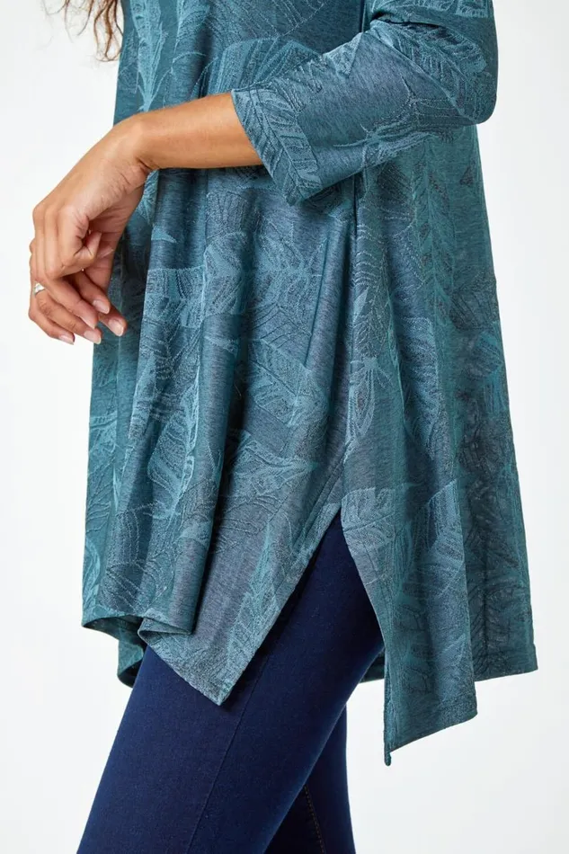 Petrol Blue Textured Leaf Print Stretch Top Women Roman Tops