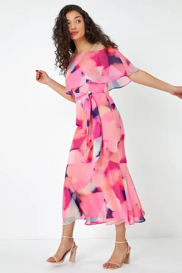 Pink Abstract Overlay Chiffon Maxi Dress Women Roman Dresses