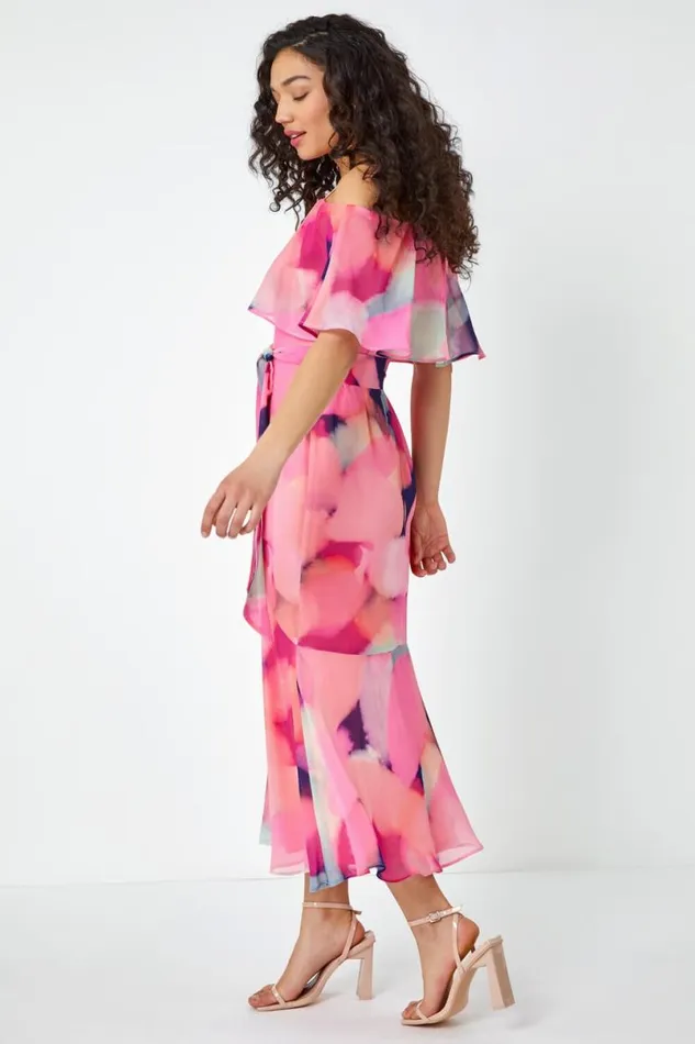 Pink Abstract Overlay Chiffon Maxi Dress Women Roman Dresses