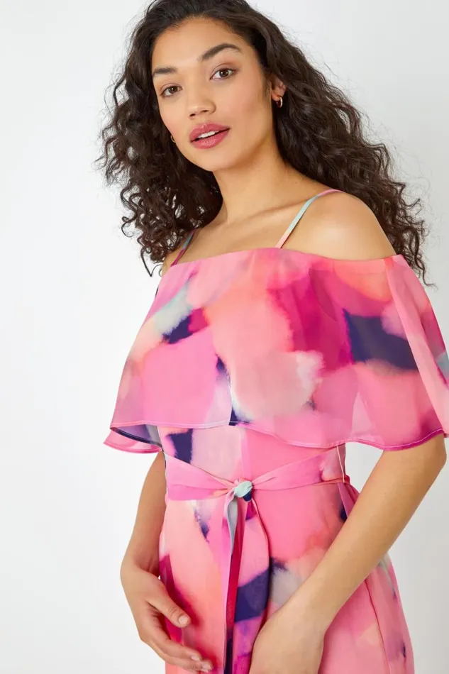 Pink Abstract Overlay Chiffon Maxi Dress Women Roman Dresses