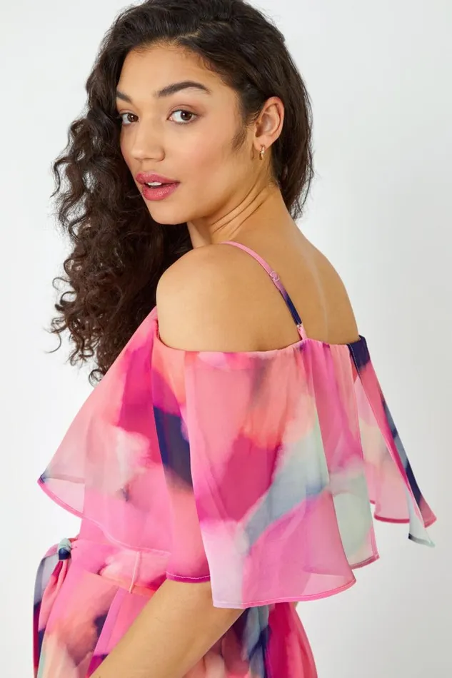 Pink Abstract Overlay Chiffon Maxi Dress Women Roman Dresses