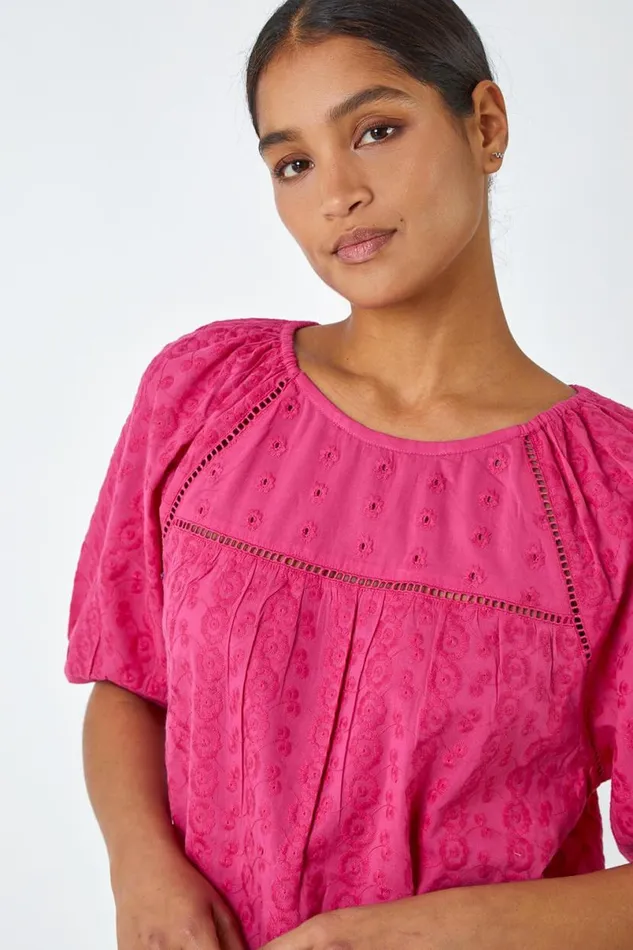 Pink Broderie Puff Sleeve Cotton Top Women Roman Tops