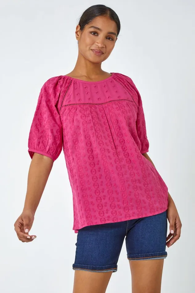 Pink Broderie Puff Sleeve Cotton Top Women Roman Tops