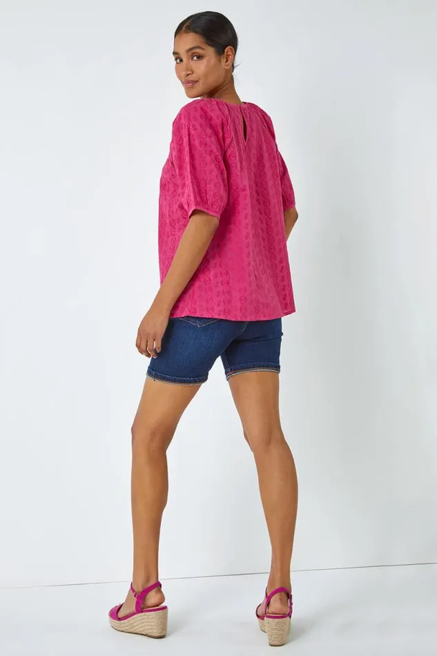 Pink Broderie Puff Sleeve Cotton Top Women Roman Tops