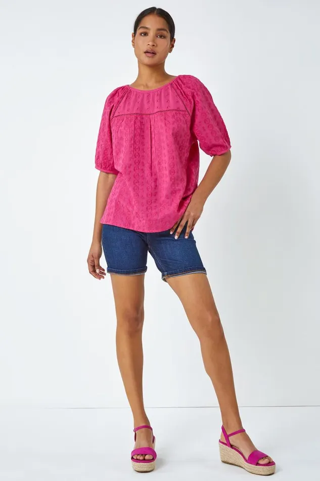 Pink Broderie Puff Sleeve Cotton Top Women Roman Tops
