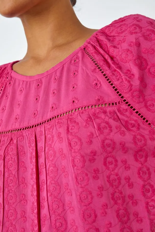 Pink Broderie Puff Sleeve Cotton Top Women Roman Tops
