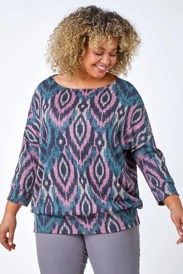 Pink Curve Aztec Print Blouson Stretch Top Women Roman Tops