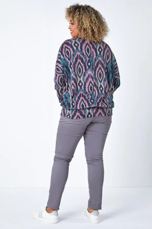 Pink Curve Aztec Print Blouson Stretch Top Women Roman Tops
