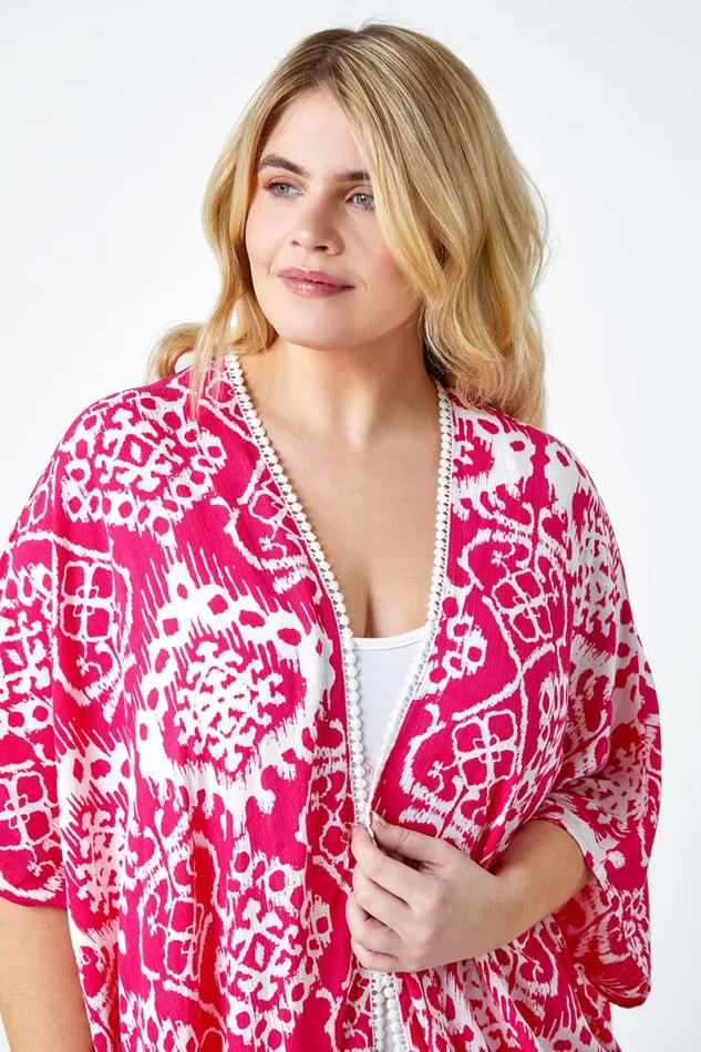 Pink Curve Aztec Print Longline Kimono Women Roman Tops