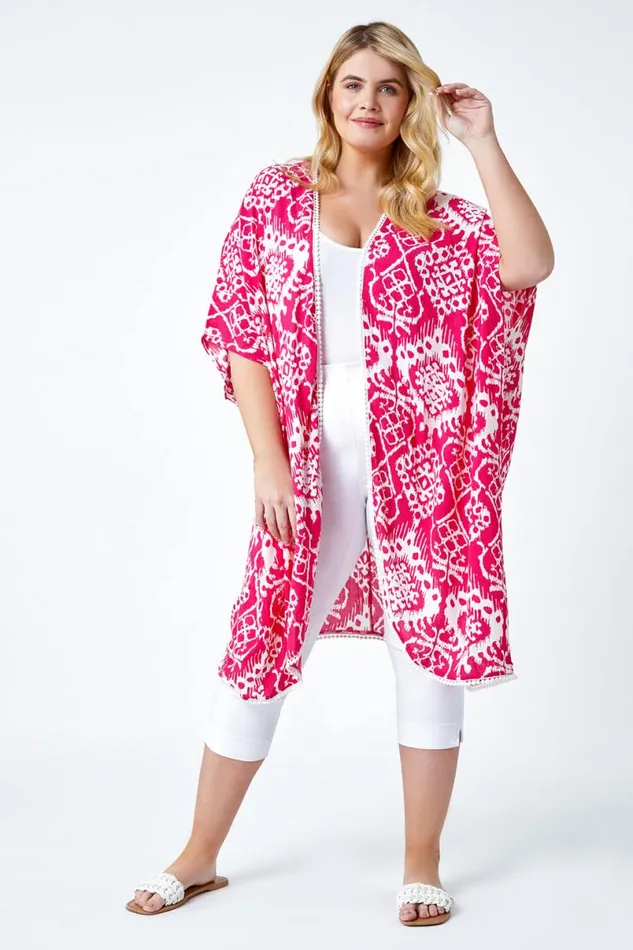 Pink Curve Aztec Print Longline Kimono Women Roman Tops