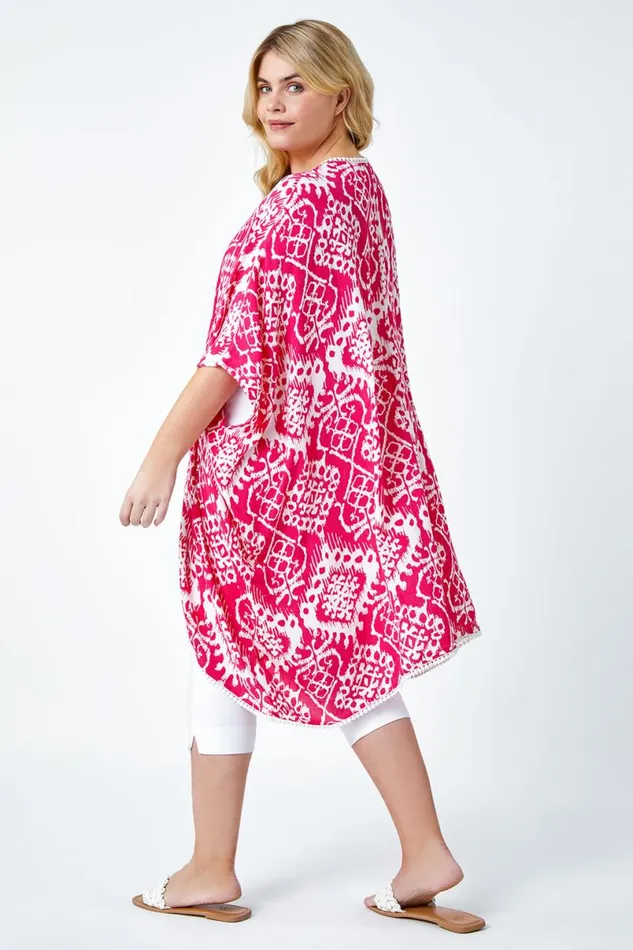Pink Curve Aztec Print Longline Kimono Women Roman Tops