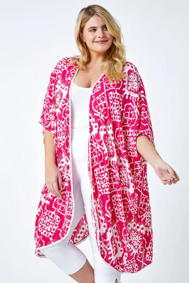 Pink Curve Aztec Print Longline Kimono Women Roman Tops