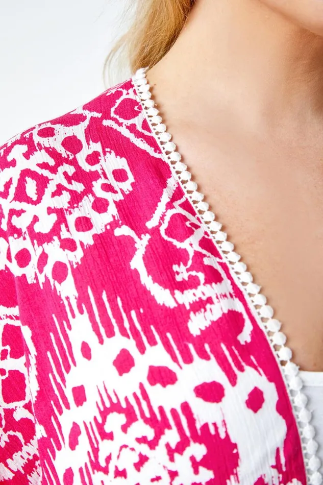 Pink Curve Aztec Print Longline Kimono Women Roman Tops