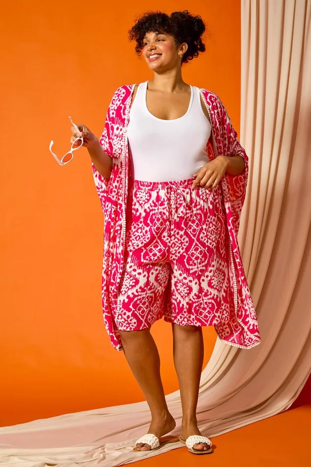 Pink Curve Aztec Print Longline Kimono Women Roman Tops