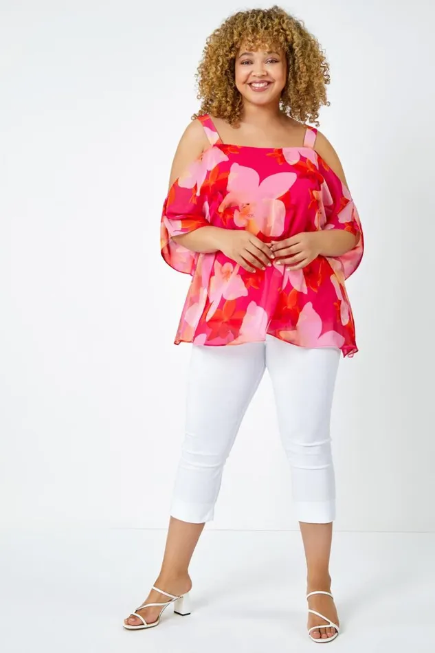 Pink Curve Floral Cold Shoulder Chiffon Top Women Roman Tops
