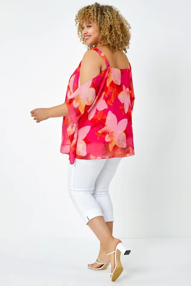 Pink Curve Floral Cold Shoulder Chiffon Top Women Roman Tops