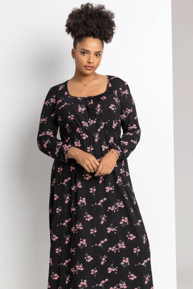 Pink Curve Floral Print Square Neck Midi Dress Women Roman Dresses