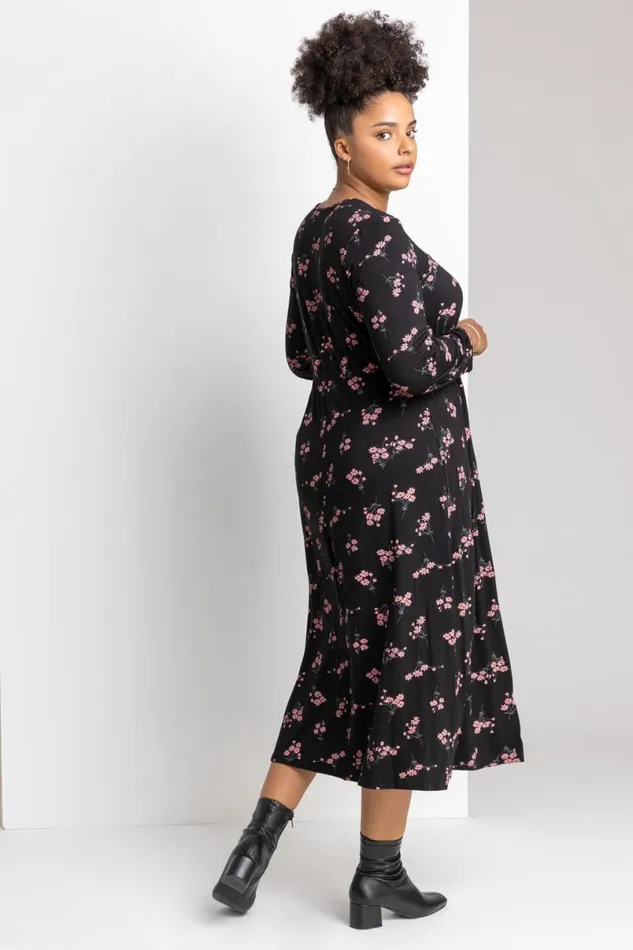 Pink Curve Floral Print Square Neck Midi Dress Women Roman Dresses