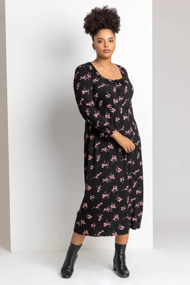 Pink Curve Floral Print Square Neck Midi Dress Women Roman Dresses