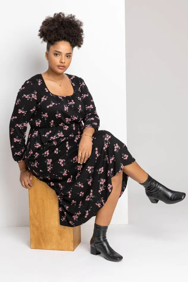 Pink Curve Floral Print Square Neck Midi Dress Women Roman Dresses