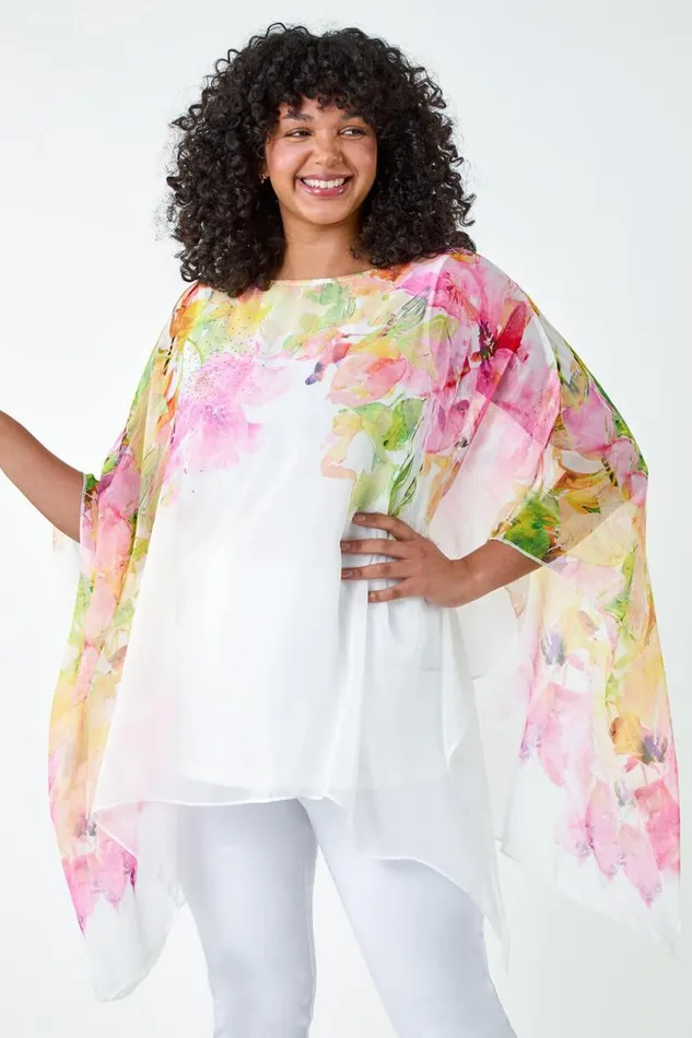 Pink Curve Floral Sparkle Hanky Hem Top Women Roman Tops