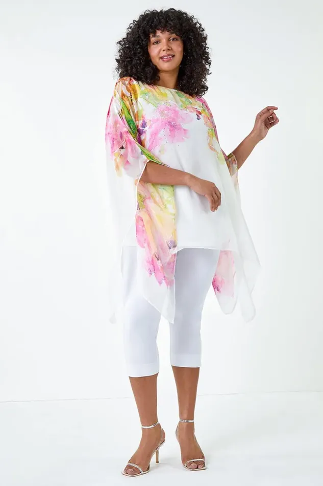 Pink Curve Floral Sparkle Hanky Hem Top Women Roman Tops