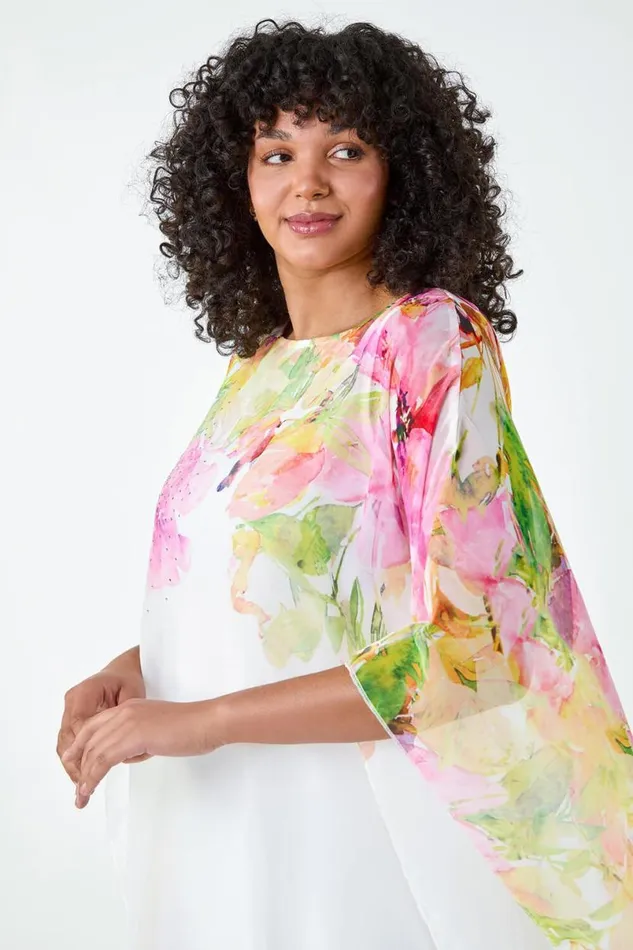 Pink Curve Floral Sparkle Hanky Hem Top Women Roman Tops