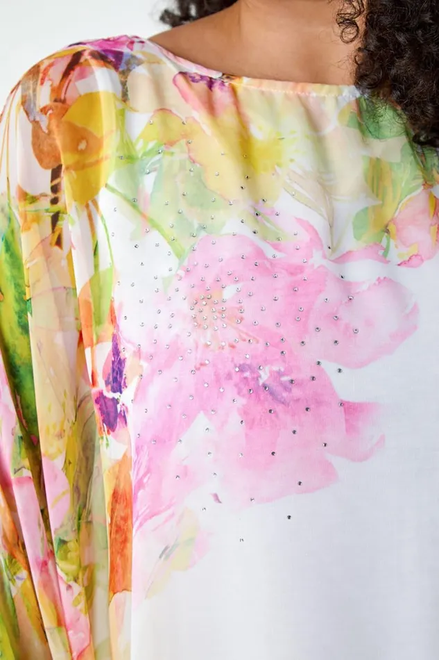Pink Curve Floral Sparkle Hanky Hem Top Women Roman Tops