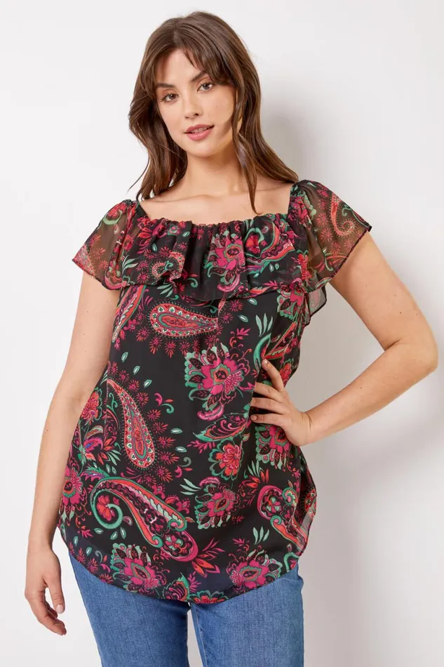 Pink Curve Paisley Print Chiffon Bardot Top Women Roman Tops