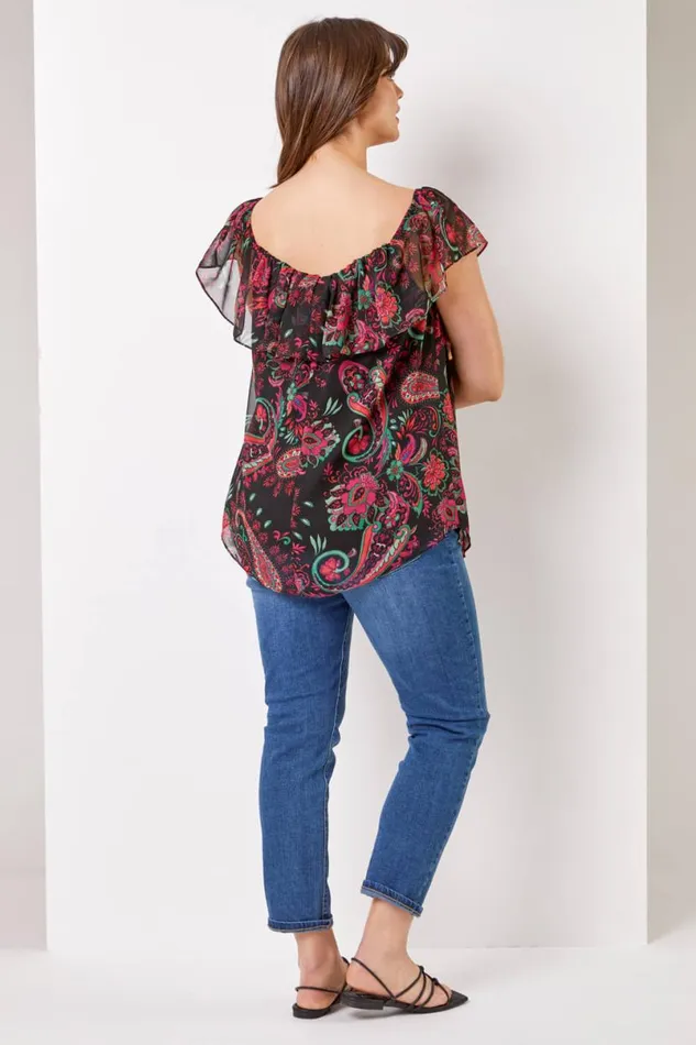 Pink Curve Paisley Print Chiffon Bardot Top Women Roman Tops