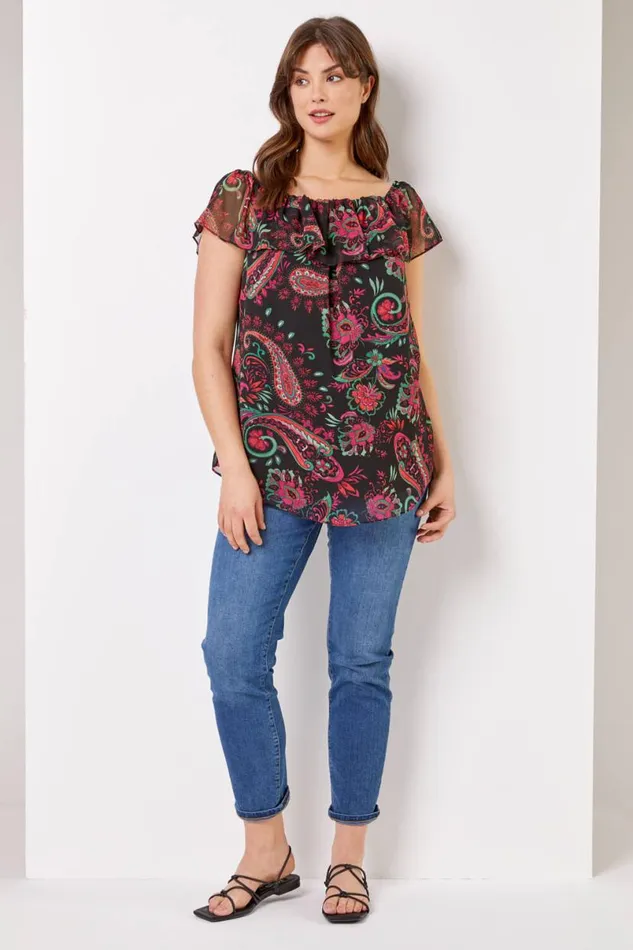 Pink Curve Paisley Print Chiffon Bardot Top Women Roman Tops