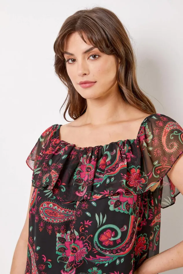 Pink Curve Paisley Print Chiffon Bardot Top Women Roman Tops