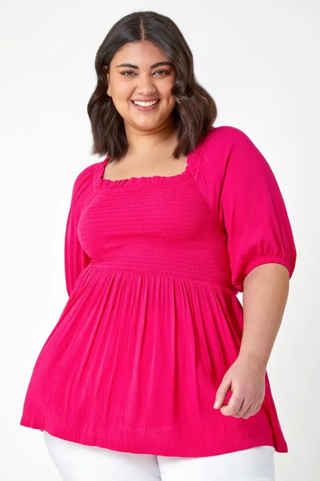 Pink Curve Shirred Peplum Top Women Roman Tops