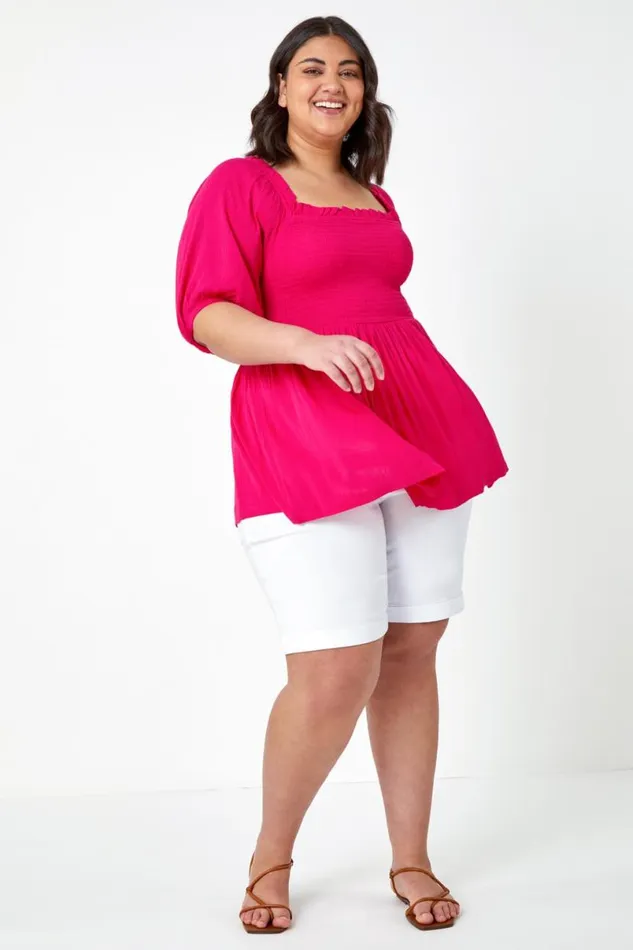 Pink Curve Shirred Peplum Top Women Roman Tops
