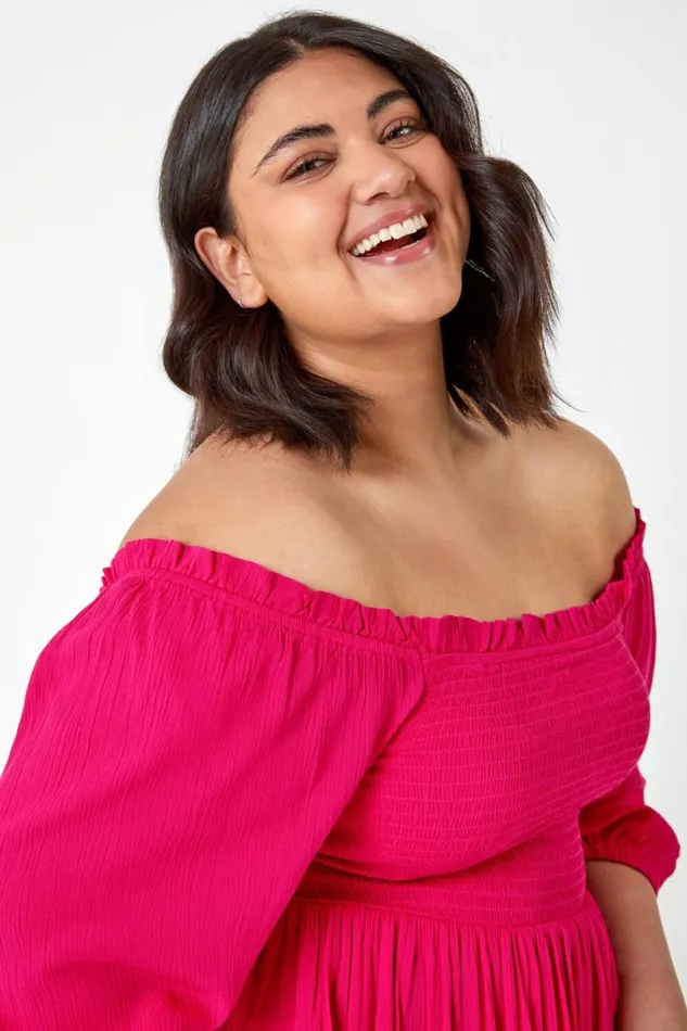 Pink Curve Shirred Peplum Top Women Roman Tops