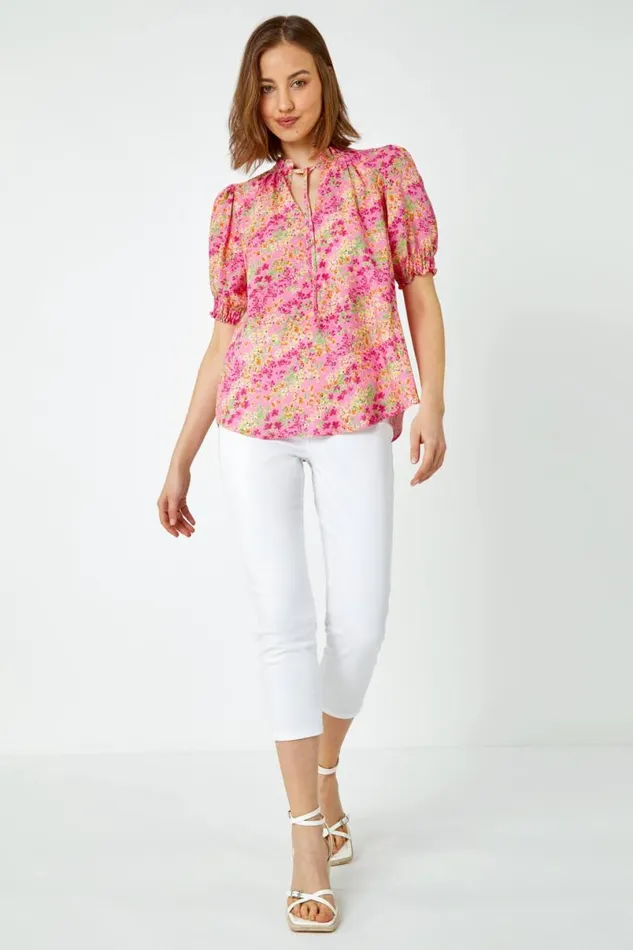 Pink Ditsy Floral Ruffle Neck Blouse Women Roman Tops