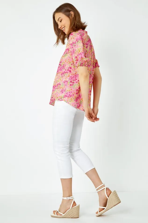 Pink Ditsy Floral Ruffle Neck Blouse Women Roman Tops