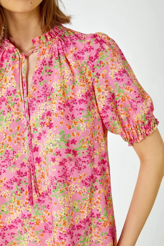 Pink Ditsy Floral Ruffle Neck Blouse Women Roman Tops