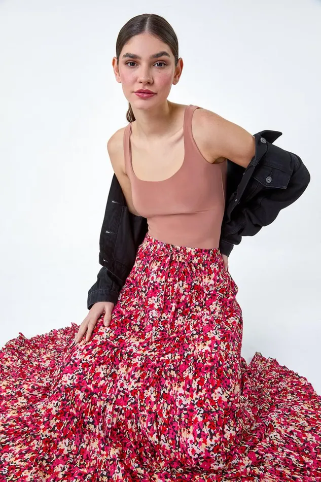 Pink Floral Crinkle Cotton A Line Tiered Maxi Skirt Women Roman Skirts