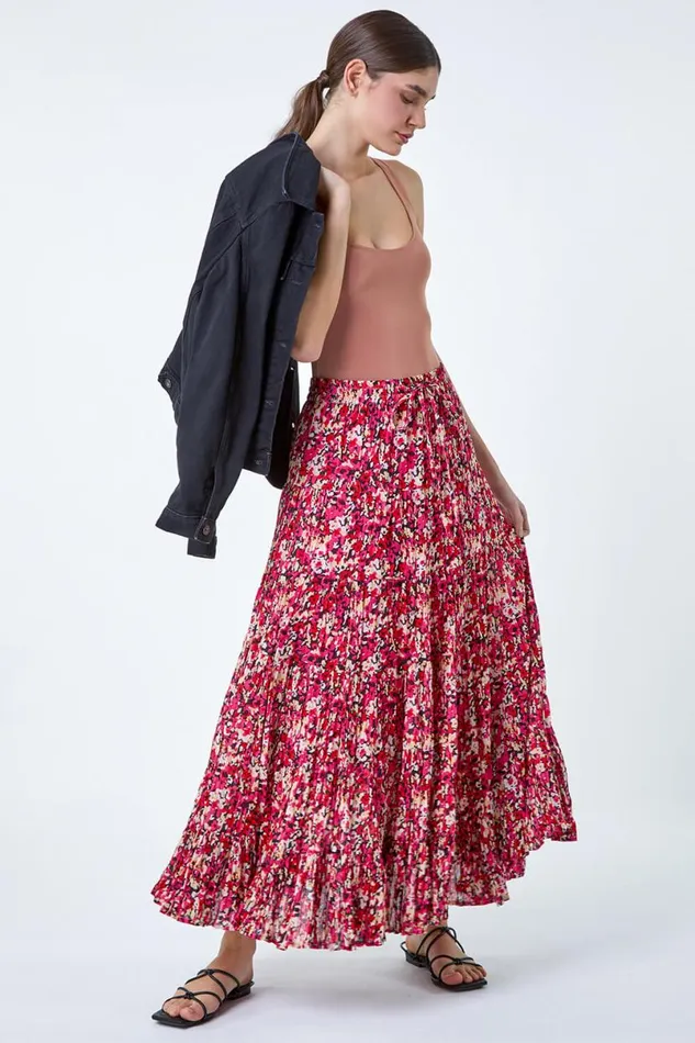 Pink Floral Crinkle Cotton A Line Tiered Maxi Skirt Women Roman Skirts