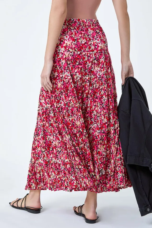 Pink Floral Crinkle Cotton A Line Tiered Maxi Skirt Women Roman Skirts