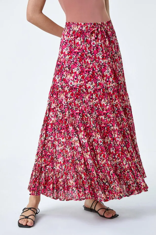Pink Floral Crinkle Cotton A Line Tiered Maxi Skirt Women Roman Skirts