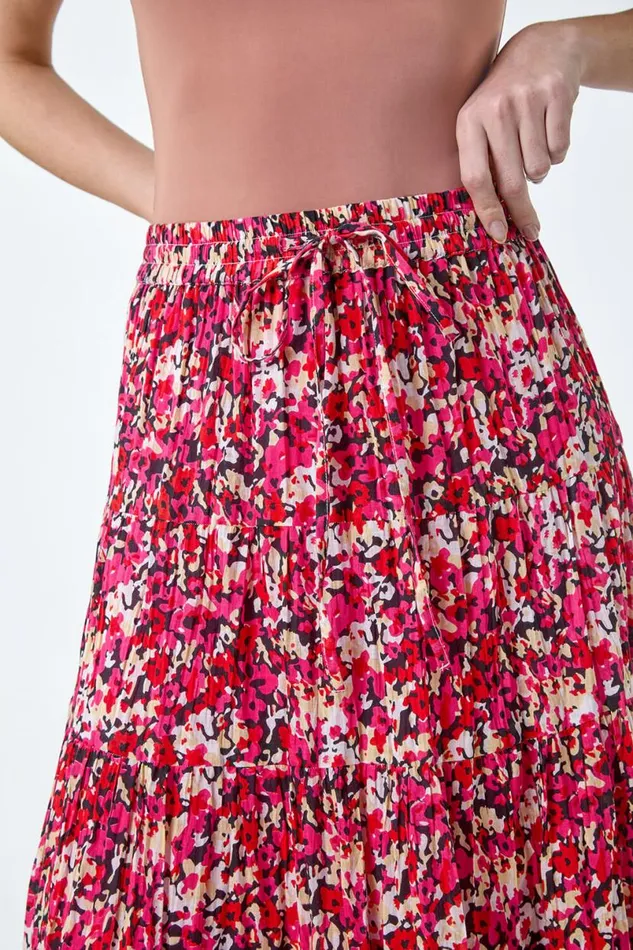 Pink Floral Crinkle Cotton A Line Tiered Maxi Skirt Women Roman Skirts