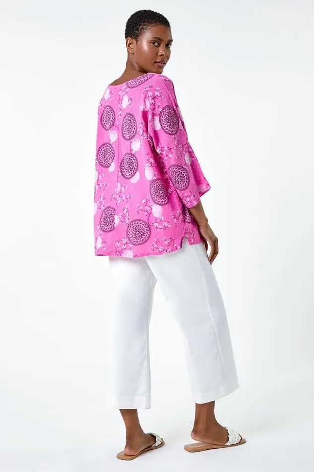 Pink Floral Embroidered Cotton Top With Necklace Women Roman Tops