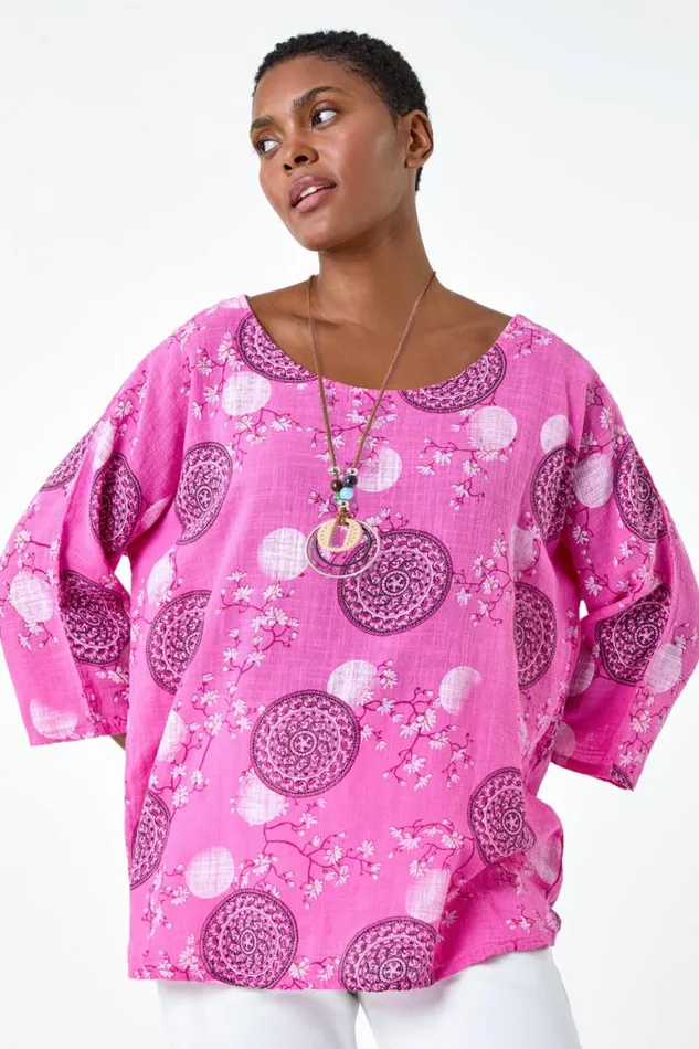 Pink Floral Embroidered Cotton Top With Necklace Women Roman Tops
