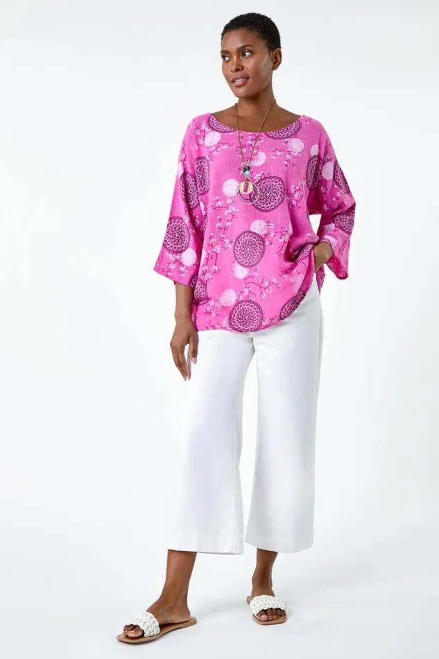 Pink Floral Embroidered Cotton Top With Necklace Women Roman Tops
